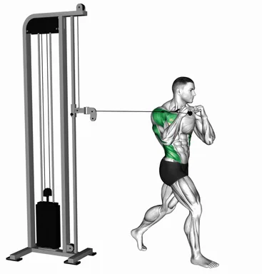 Cable twisting standing one arm chest press demo