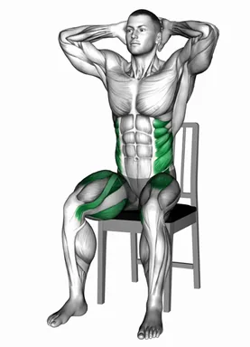의자 시티드 사이드 크런치 엘보 니 자세 시연