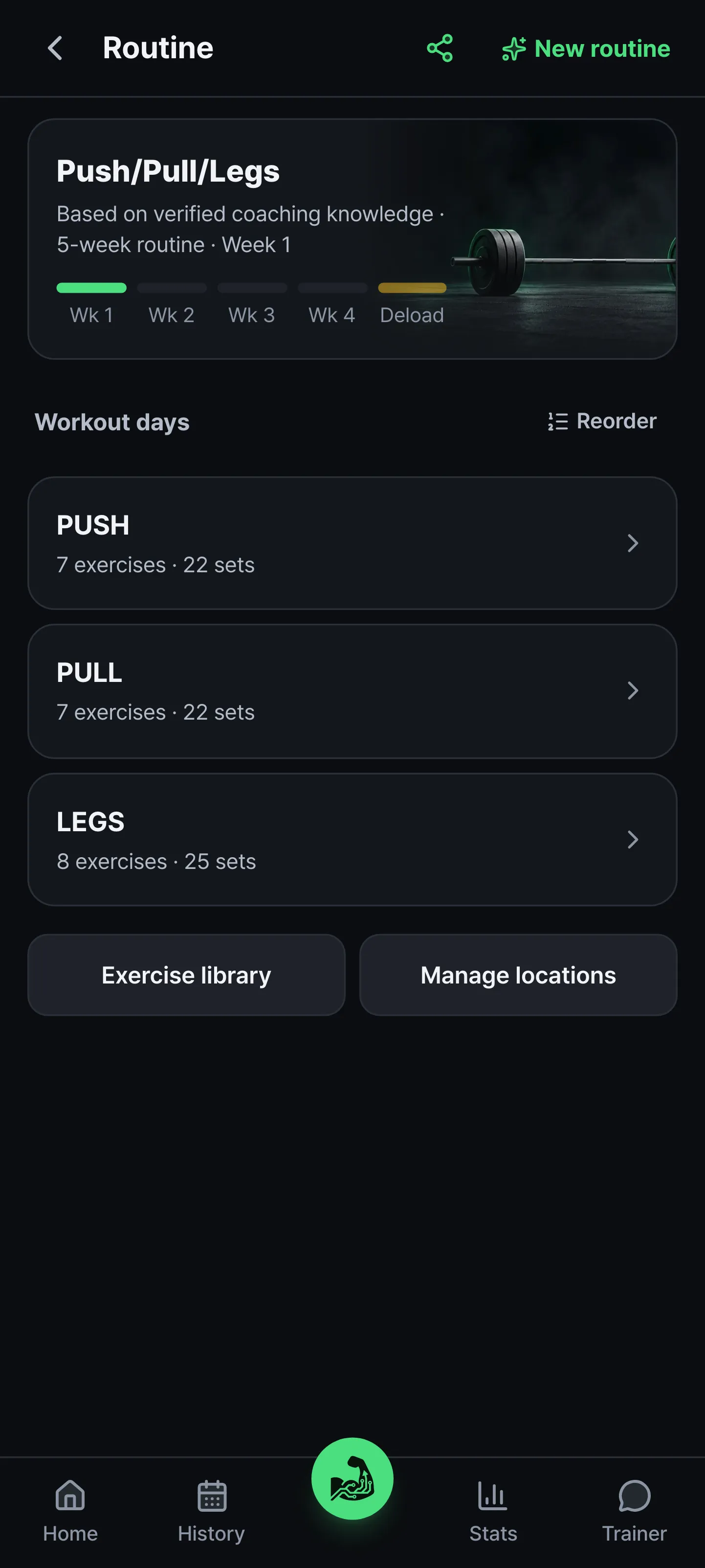 Routine screen. A 5-week routine with a deload week, and the workout days with their sets