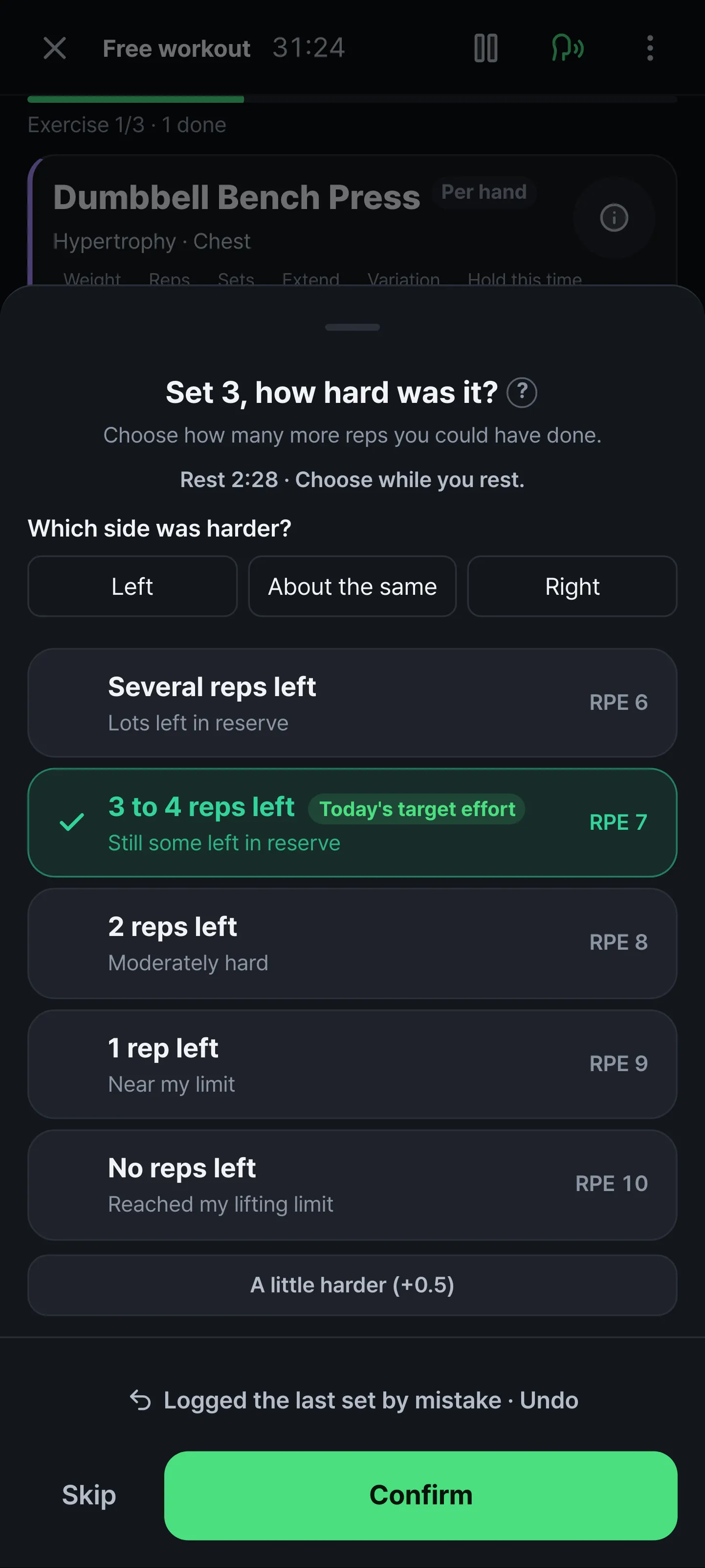 Set logging sheet. The question Which side was harder, with Left, About the same, and Right buttons, and effort choices below